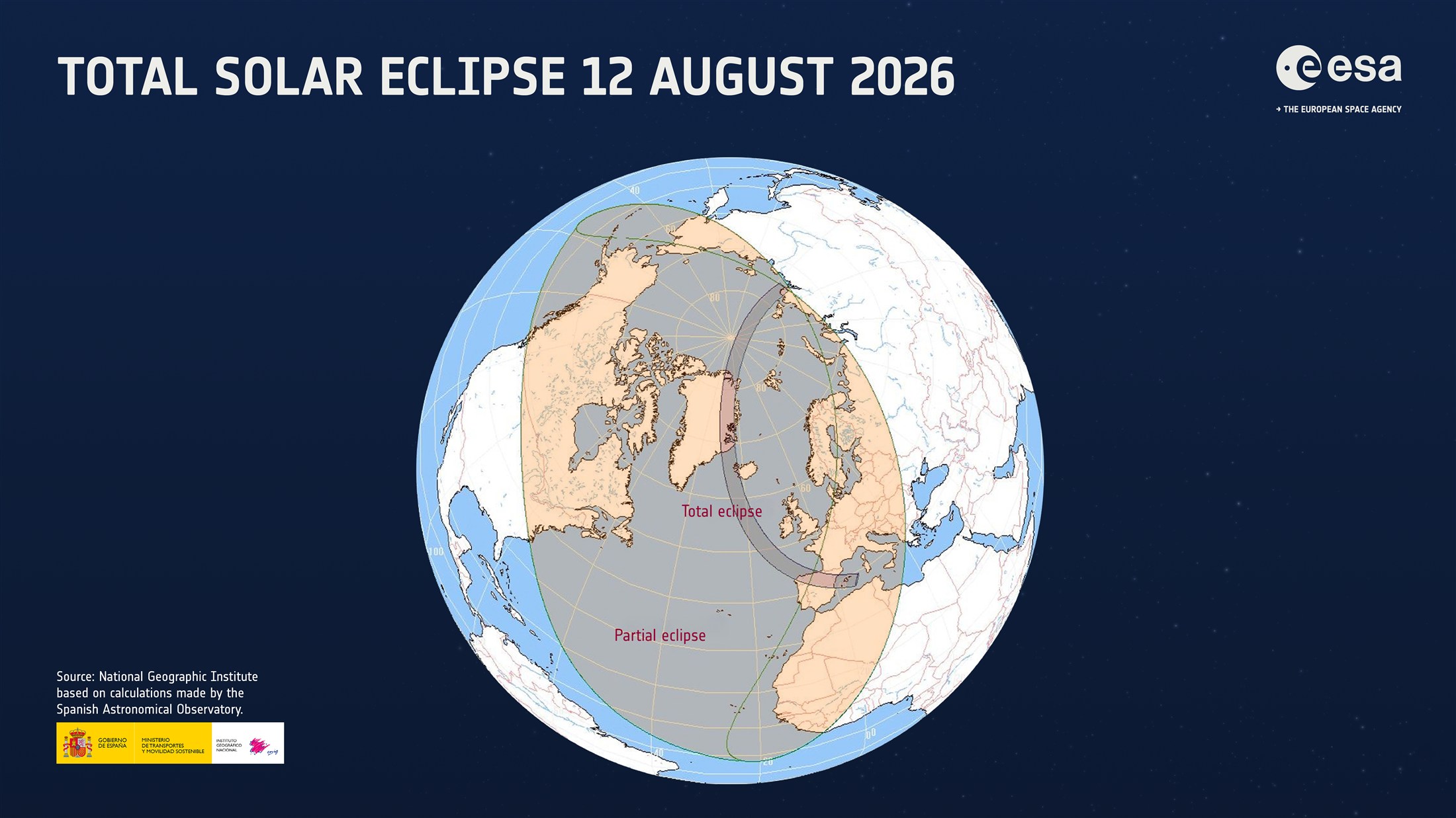 Globalna mapa zaćmienia Słońca 12 sierpnia 2026 przygotowana przez ESA